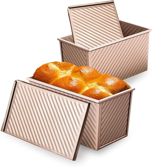 2 Pack Pullman Loaf Pan with Lid, 1 lb Dough Capacity Non-Stick Bakeware for Baking Bread, Carbon Steel Bread Toast Box with Cover, Homemade Sandwich Toast, Gold