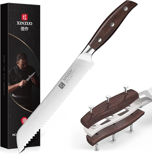 XINZUO 8 Inch Serrated Bread Knife for Homemade Bread Sourdough,German Stainless Steel,Multifunction Bread Cutting Knife with Red Sandalwood Handle
