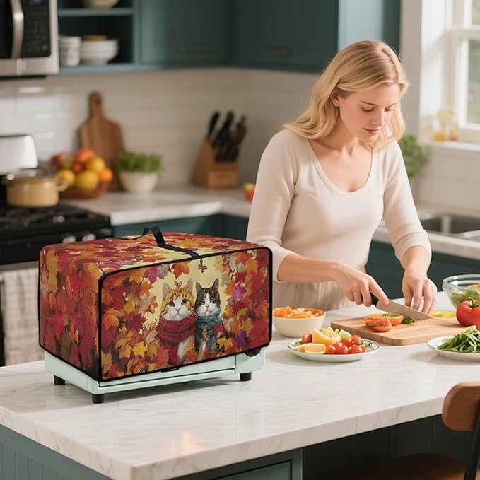 Doojoayie Cute Cat Toaster Cover 4 Slice Dust-Proof Toaster Oven Cover Stain Resistant Bread Machine Covers with Autumn Leaf Print Thanksgiving Home Kitchen Decoration