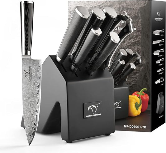 NANFANG BROTHERS 7 Pieces Damascus Kitchen Knife Set with Block, ABS Ergonomic Handle for Chef Knives, Kitchen Shears, Knife Block Set for Chopping, Slicing & Cutting