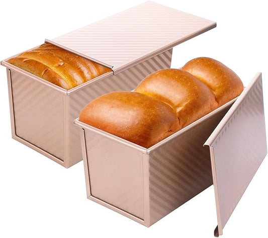Tobeelec 2 Pcs Pullman Loaf Pan with Lid, Non-Stick Rose Gold Bread Loaf Pans for Homemade Bread 1 lb Carbon Steel Bread Toast Box with Cover for Bakeware Bread Toast Oven Baking