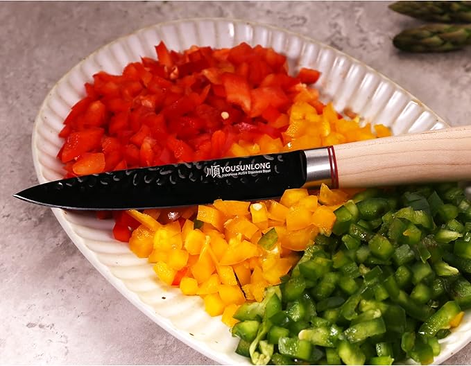 YOUSUNLONG Kitchen Utility Knife 5 Inch - Paring Fruit Knife Sharp Blade - AUS8 Black Titanium Nitride Coating HRC Steel - Natural Canadian Maple Wood Handle
