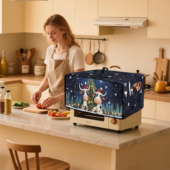 Doojoayie Christmas Cow Toaster Cover 8 Slice Dust-Proof Toaster Oven Cover Stain Resistant Bread Machine Covers Christmas Home Kitchen Decoration