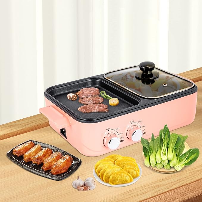 Hot Pot Electric with Grill, 2 in 1 Indoor Non-Stick Electric Pot and Griddle Yin-Yang Nonstick Skillet Indoor Smokeless BBQ Grill for Family Party, Adjustable Temperature, for 2-3 people (Rectangle)