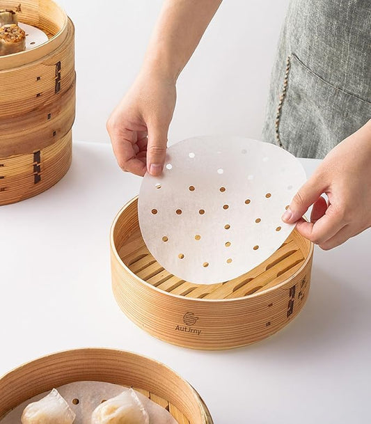 100 PCS Bamboo Steamer Liner, 11 Inch Round Air Fryer Parchment Paper with Holes, White Non-Stick Steamer Paper Sheet