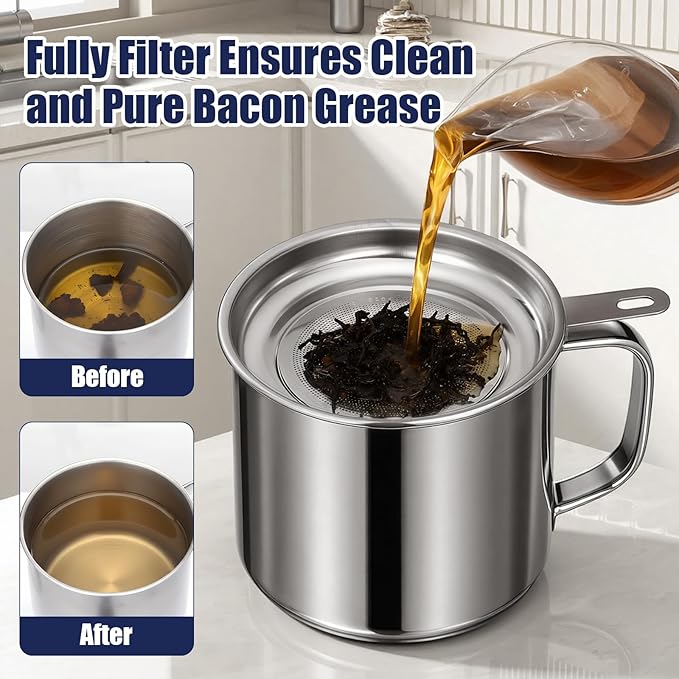 LemonRoad 4 Pcs 1.3l Bacon Grease Container Saver with Strainer Grease Container for Kitchen Durable Stainless Steel Cooking Oil Fat Storage Filter Keeper Tank Pot Can Strainer for Used Frying Oil
