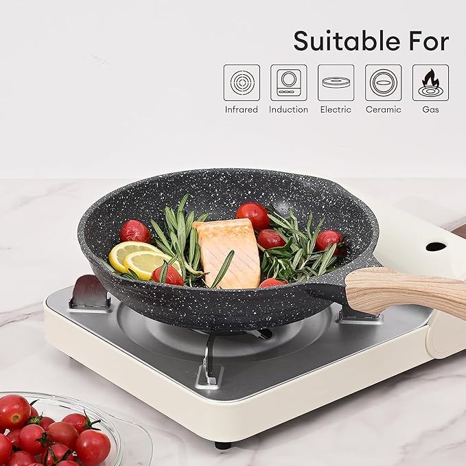 JEETEE 8 Inch Nonstick Frying Pan, Stone Coating Cookware, Nonstick Omelette Pan with Heat-Resistant Handle, Compatible with All Stoves (Grey)