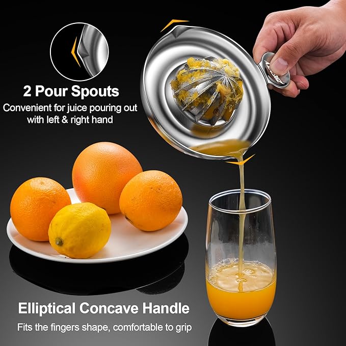Lemon Squeezer Stainless Steel, Heavy Duty Manual Hand Juicer, Premium Citrus Reamer Juicer Rotation, Lime Orange Fruit Squeezer, 200ML Container 2 Pour Spouts, Dishwasher Safe（5-Year Warranty）