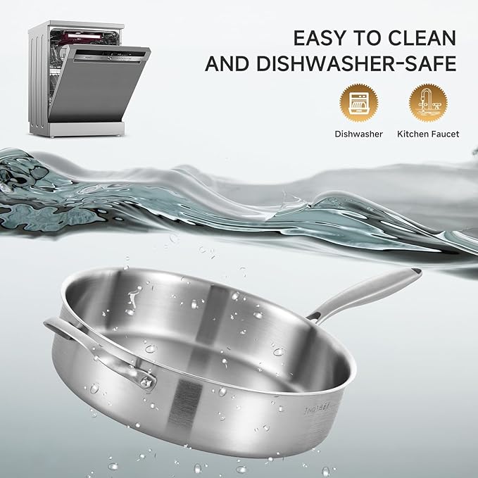 Inqibee Tri-Ply 7 Quarts Stainless Steel Sauté Pan with Lid, 12 Inch Induction Deep Frying Pan, Large Skillet,Jumbo Cooker, Dishwasher and Oven Safe,Detachable Handle.