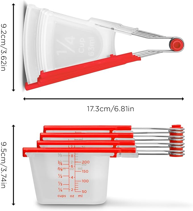 Dreamfarm Levups Self-Levelling Measuring Cup Set, Metric & Imperial Measurements up to 1 Cup - Pack of 4, Red