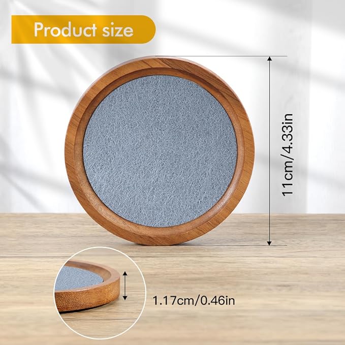 Acacia Wood Coasters for Drinks, HALE OTEIR 4.13 Inch Felt Wooden Coasters for Coffee Table Absorbent Set of 6 with Holder, Natural Wood Stackable Reusable Coasters for Home Office Coffee Bar Table