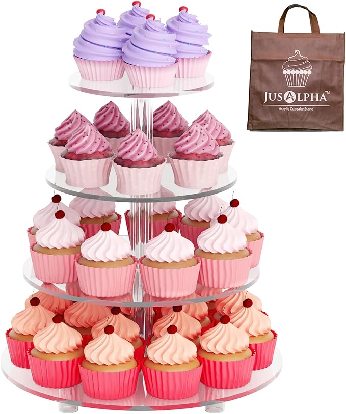 Jusalpha Large 4 Tier Cupcake Stand,Acrylic Round Cake Stand Dessert Tower Tea Party Serving Platter, Cupcake Tree Wedding Party Décor, Stand with Rod Feet (4RF)