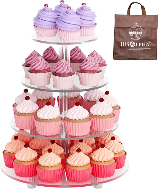 Jusalpha Large 4 Tier Cupcake Stand,Acrylic Round Cake Stand Dessert Tower Tea Party Serving Platter, Cupcake Tree Wedding Party Décor, Stand with Rod Feet (4RF)