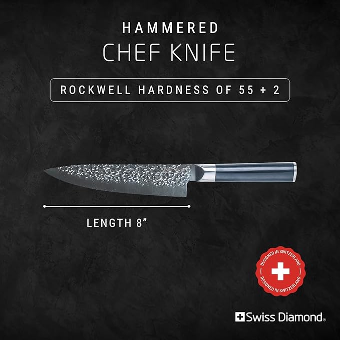 Swiss Diamond Chef Knife, German Steel With ABS Handle, Half Tang Handle, Hammered Blade Chef Knives Professional Grade, 55+2 Rockwell Hardness, 8 Inch