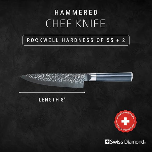 Swiss Diamond Chef Knife, German Steel With ABS Handle, Half Tang Handle, Hammered Blade Chef Knives Professional Grade, 55+2 Rockwell Hardness, 8 Inch