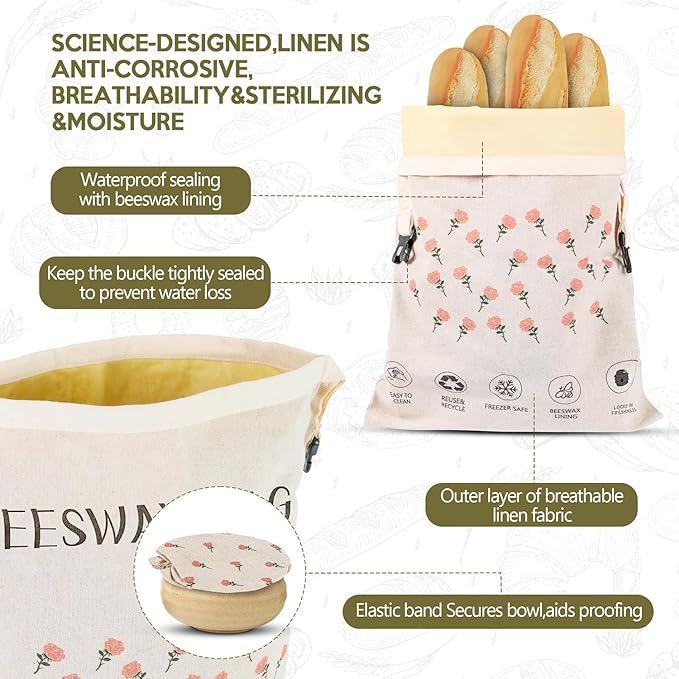 2-Pack Reusable Beeswax Bread Bags for Homemade Bread Sourdough, 2 Natural XL Beeswax 100% Linen Moisture-proof Lined Storage Bags with Buckle& 1 Bowl Covers –Easy to Clean,Keeps Bakes Fresh Longer