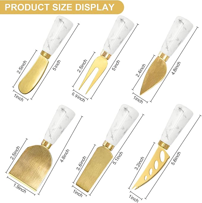 Charcuterie Board Accessories - 6 Piece Cheese Knife Set With Marble Handle - Spreader and Butter Knives for Cheese Kit Cutter (Marble)