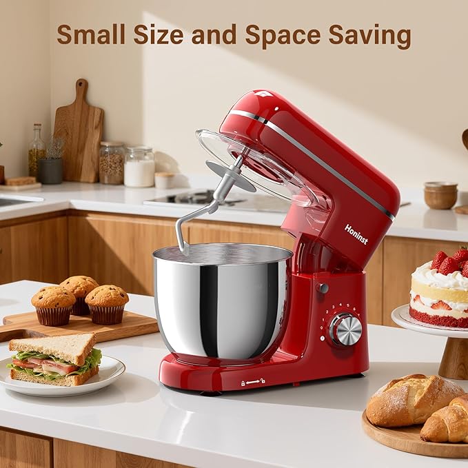 Honinst Stand Mixer, 3-In-1 8-Speed 660W 6.5QT Tilt-Head Food Electric Mixers with Bowl, Dough Hook, Whisk and Beater, Kitchen Mixer for Baking, Cake and Most Home Cooks, Red