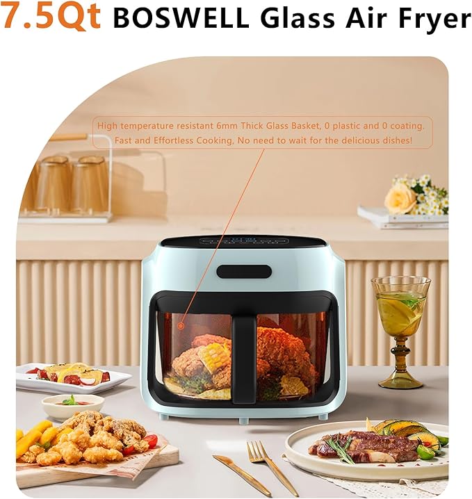 Glass Air Fryer, 7.8QT with Transparent Fry Bowl, Circulating Heating, Temperature Control, Air Fryer Roast, Dishwasher Safe (Green)