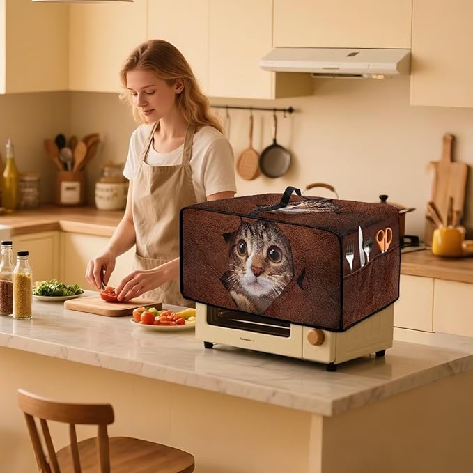 Doojoayie Cat Toaster Cover 8 Slice Universal Fit Small Appliance Covers with Top Handle Design Kitchen Decoration Gift for Mother, Wife, or Anyone Who Loves to Cook