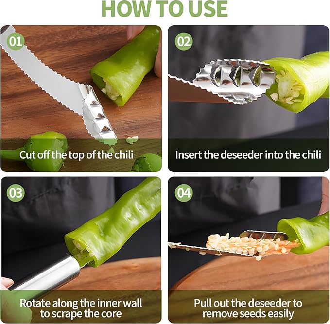2pcs Jalapeno Pepper Corer, 2 in 1 Chili Corer Tool - Stainless Steel Pepper Seed Remover with Serrated Slice & Handle, for Slicing Off Vegetable Tops or Removing Pepper Cores