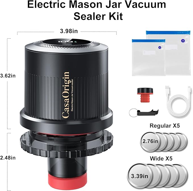 Electric Mason Jar Vacuum Sealer Kit for Wide & Regular Mouth Jars, Automatic Jar Sealer for Canning and Food Storage, Includes Lids