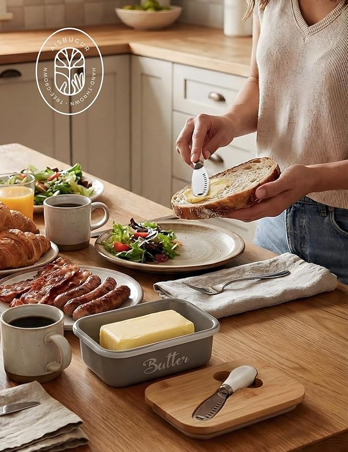 Butter Dish with Lid for Countertop, AISBUGUR Metal Butter Keeper with Stainless Steel Multipurpose Butter Knife, Large Butter Container with Double High-quality Silicone Good Kitchen Gift Grey