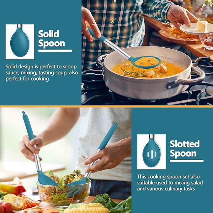 P&P CHEF Blue Kitchen Cooking Utensil Set of 4, Silicone Solid Spatulas Slotted Spoons Turners for Non-stick Cookware Flipping Mixing, Heat-proof