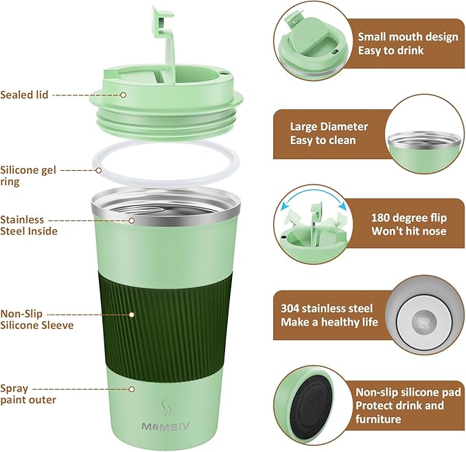 MOMSIV 17oz Travel Mug, Insulated Coffee Cup with Leakproof Lid, Vacuum Stainless Steel Double Walled Reusable Tumbler for Hot and Cold Water Coffee and Tea In Travel and Car