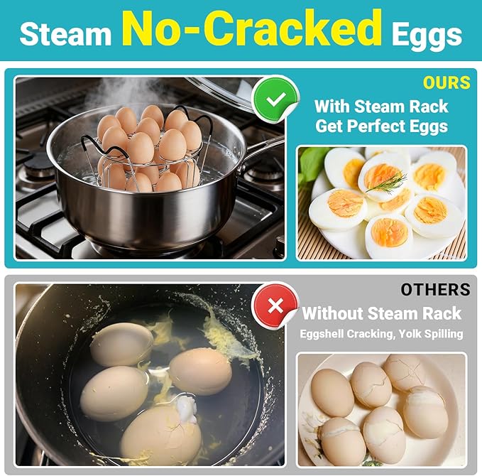 Stackable Egg Steamer Rack Compatible with Instant Pot 6qt & 8qt - 304 Stainless Steel Trivet with Heat-Resistant Handles, Holds 18 Eggs for Pressure Cooker & Pot, Multi-functional Cooling Rack