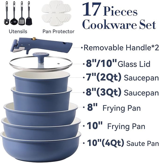 CAROTE 17pcs Pots and Pans Set, Nonstick Cookware Set Detachable Handle, Induction Kitchen Cookware Sets Non Stick with Removable Handle, RV Cookware Set, Oven Safe