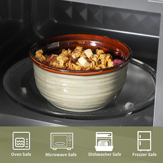 MEKY 20OZ Cereal Bowls Set of 6, Ceramic Soup Bowls for Kitchen, Serving Bowls for Oatmeal Ice Cream Pasta Rice Salads Desserts, Modern Durable Reusable Bowls for Daily Meals & Everyday Use, Brown