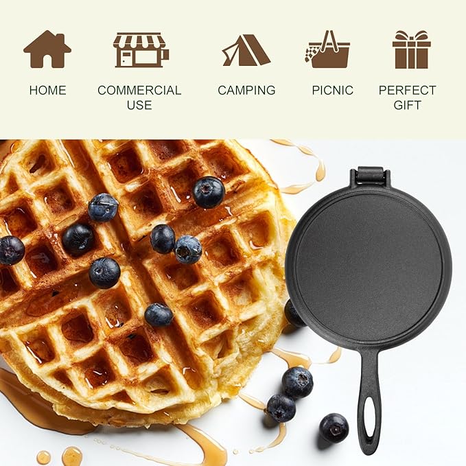 Cast Iron Waffle Cookware Two Piece Hinged Non Electric Waffle Iron for Stovetop or Grill Makes 8" Round Waffles Design Waffle Pan