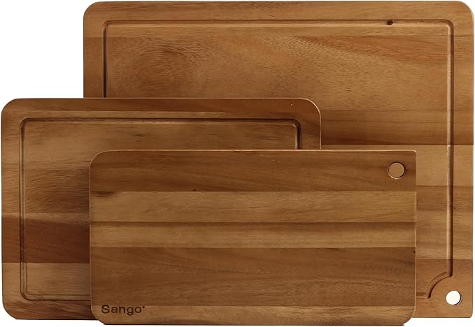 Sango Acacia Cutting Board Set with Juice Grooves and Hanging Holes, 3-Piece - Wood Chopping Boards, Stackable & Reversible for Kitchen, Non-Toxic, Perfect as Butcher Block Countertop, Atelier