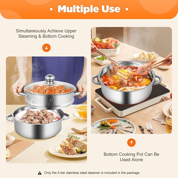 5-Tier Stainless Steel Steamer Meat Vegetable Cooking Steam Pot Kitchen Tool with Stackable Pan and Lid for Steaming Pasta Dumplings and Vegetables