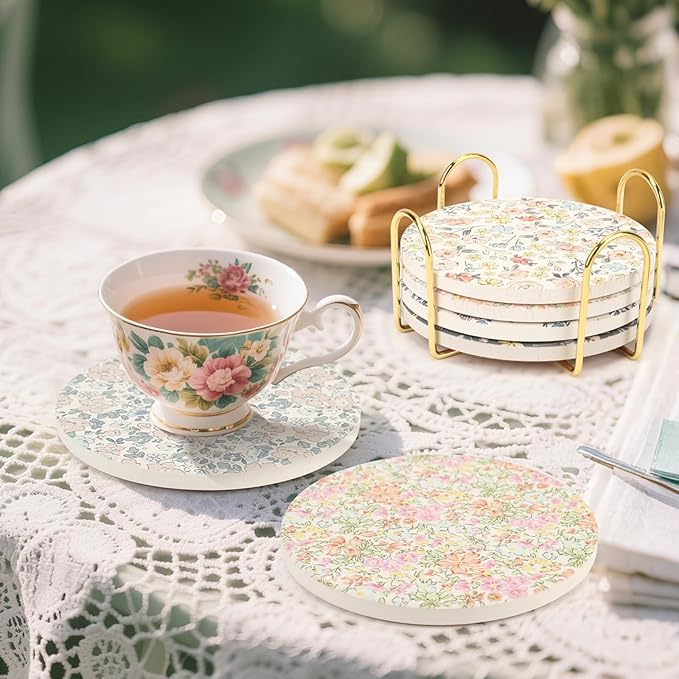 Coasters for Drinks Set of 6 with Holder, Absorbent Ceramic Stone, Flower Coffee Table Décor, Decorative Cup Coasters for Kitchen, Living Room, Farmhouse & Garden, Accessories for Tea & Coffee Table.
