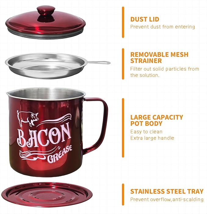 1.3L Bacon Grease Saver Container with Fine Mesh Strainer,Stainless Steel Oil Keeper Can for Bacon,46oz Large Rustic Farmhouse Fat Container, Keeper, Recipes, Dishwasher Safe (Red)