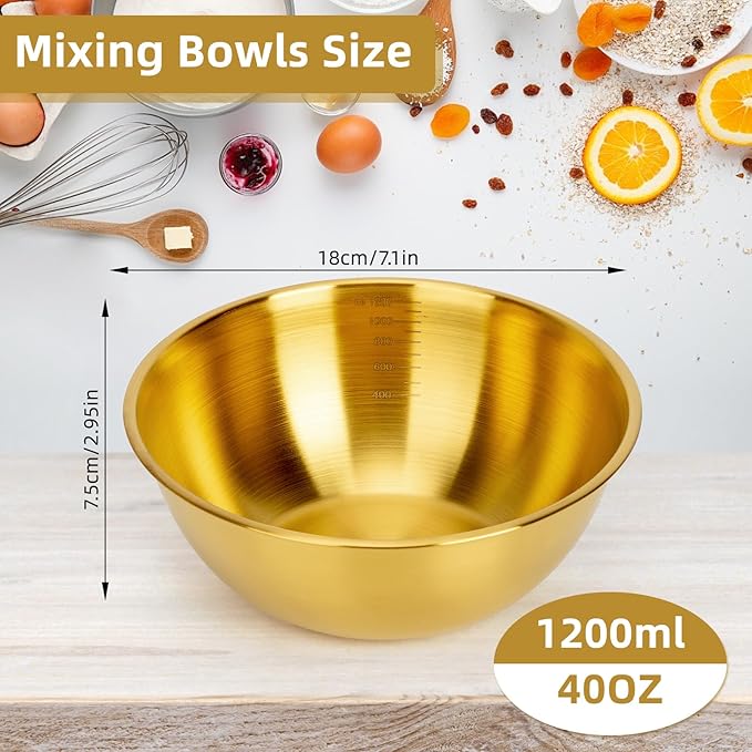fecoqi 3-Piece Stainless Steel Golden Mixing Bowls (7.1") Metal Bowl with Measurement Marks, Dishwasher Safe & Stackable - Perfect for Baking, Salad Making, Meal Prep and Kitchen Use