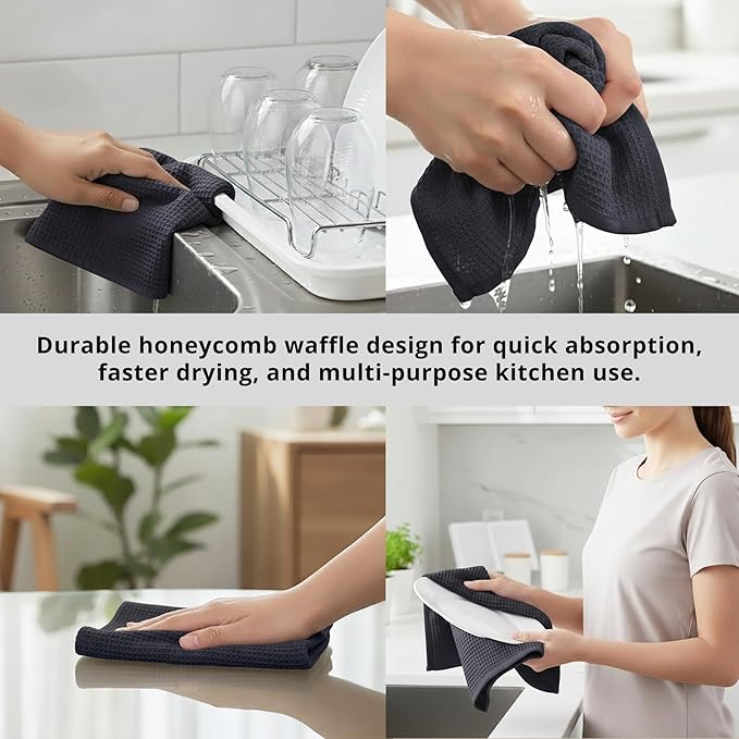 PurpleEssences Waffle Weave Kitchen Towel, 100% Cotton, 15x25 Inches, with Hanging Loop Ultra Soft Absorbent Quick Drying Dish Cloth, Tea and Hand Towels, 4 Pack - Christmas Holiday Winter - Dark Grey
