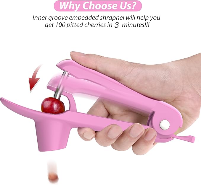 Cherry Pitter - Ordekcity Stainless Steel Cherries Corer Pitter Tool with Hand-held Push Design, Save Time & Space for Making Cherry Jam with Lock Design(Pink)