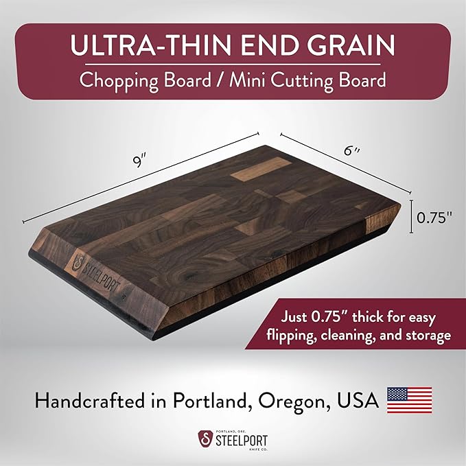 STEELPORT Mini Cutting Board 9"x6" - Steel Reinforced, Utlra-thin Butcher Block | Dual Sided - End-grain Walnut Wood, Composite Side | Chopping Board with Juice Groove | USA Made for Home, Chefs