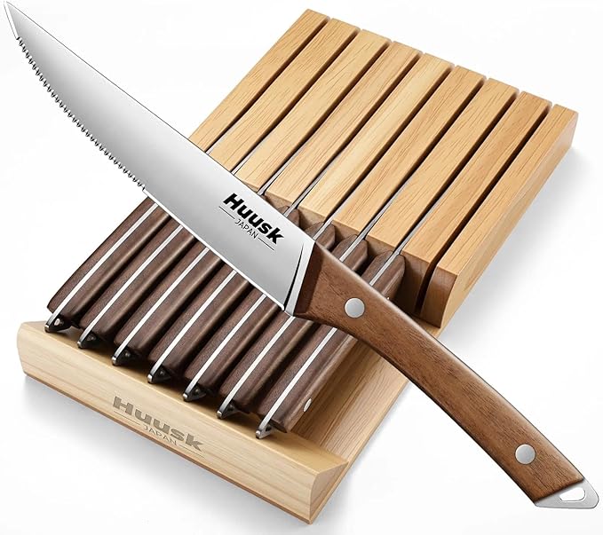 Huusk Steak Knives Set of 8 with Drawer Organizer-4.5 in Japanese Serrated Steak Knife Set with Block, Serrated & Straight Dual-Edge, Stainless Steel Steaks Knives with Holder, Christmas Gifts for Men