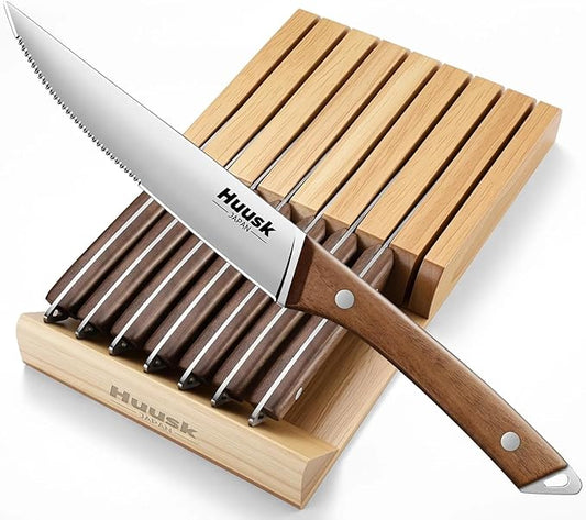 Huusk Steak Knives Set of 8 with Drawer Organizer-4.5 in Japanese Serrated Steak Knife Set with Block, Serrated & Straight Dual-Edge, Stainless Steel Steaks Knives with Holder, Christmas Gifts for Men