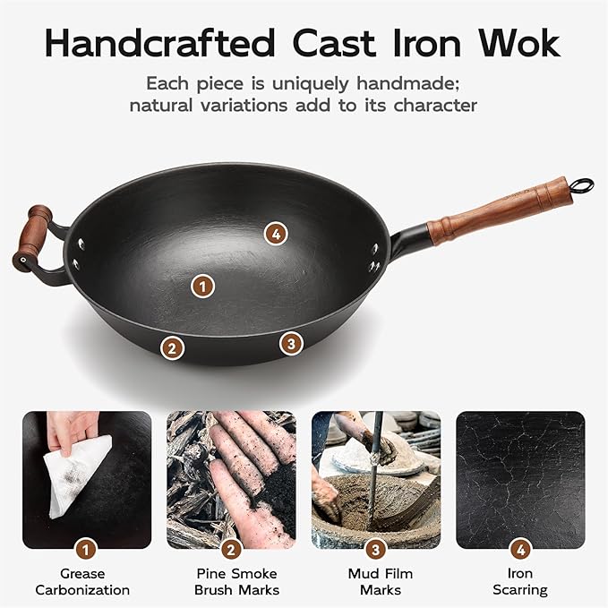 WANGYUANJI 13.4 Inch Traditional Cast Iron Wok with Wooden Lid and Stainless Spatula, Flat Bottom Double-Handle Chinese Stir Fry Pan, Uncoated Cast Iron Wok for Induction, Gas and Electric Stoves