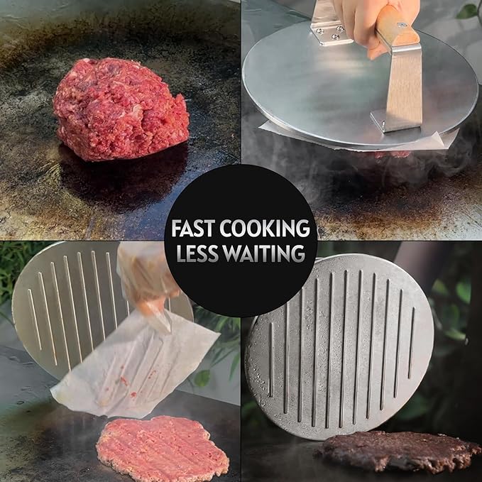 Professional Stainless Steel Smash Burger Press with Wood Handle,Heavy-Duty 8.5 Inch Burger Smasher (3.64 lb) - 6mm Thick Base for Hamburgers, Steak & Bacon