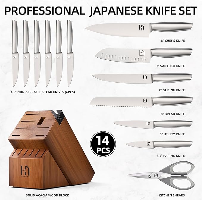 Kitchen Knife Set 14 Piece Premium Japanese High Carbon Stainless Steel Knife Block Sets with Built-in Sharpener, Razor Sharp Knives Set for Kitchen, Quality Acacia Wood Block Knife Set