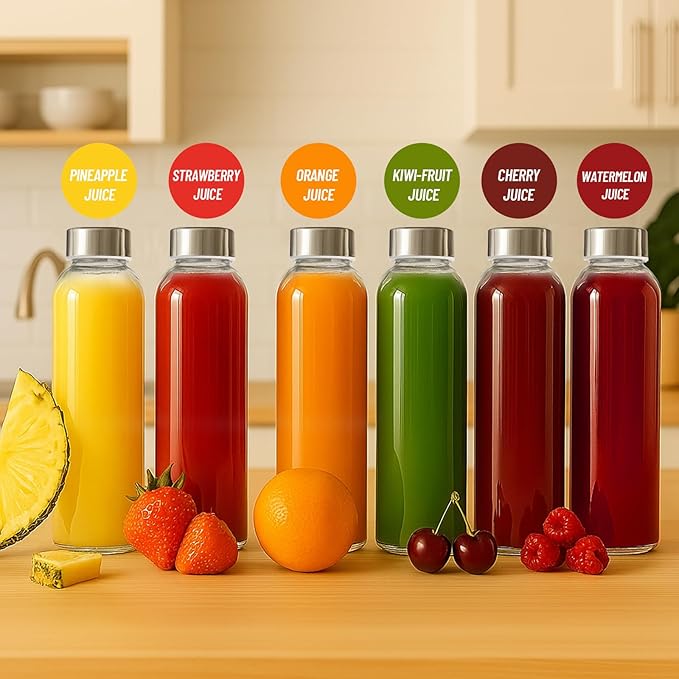 Clear Glass Bottles with Lids 18 oz, Reusable Glass Water Bottles with Stainless Steel Cap for Juicing, Refrigerator,100% Leak Proof, BPA Free, Set of 3