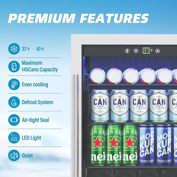 Compact Freestanding Beverage Refrigerator,145 Can/4.5 Cubic Feet Mini Fridge with Reversible Glass Front Door for Soda, Beer or Wine, Under Counter Drink Dispenser with Adjustable Shelves