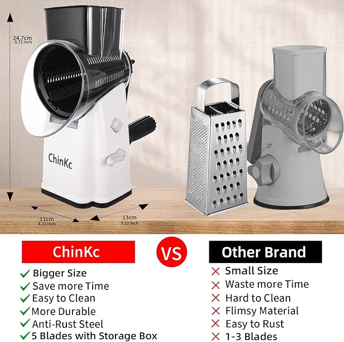 Upgrade Rotary Cheese Grater Shredder with Handle, Strong Suction Base, Multi-purpose Rotary Grater Slicer with 5 Interchangeable Blades for Ice, Vegetables, Fruit, Nuts with Blade Storage Box