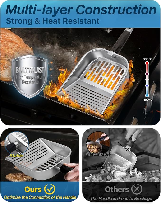 Griddle Scoop for Blackstone with a Any-Edge Hook, Stainless Steel Griddle Portable Food Mover for Stir Fry and Move Food, Sifting Grill Shovel, 2 Pack
